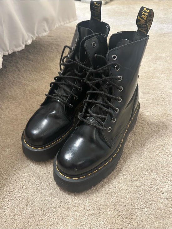 Dr. Martens Shoes - Dr. Martens Black Leather Platform Combat Boots with Yellow Stitching